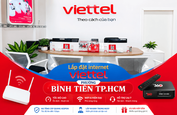 Lắp WiFi Viettel phường Bình Tiên TP.HCM với hạ tầng cáp quang XGSPON, modem WiFi 6 tốc độ cao và hỗ trợ lắp đặt nhanh tận nơi.