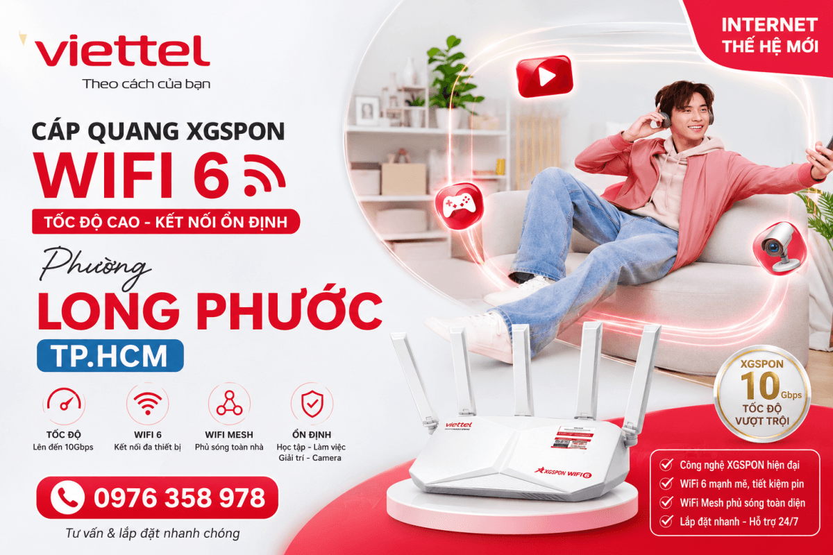Lắp WiFi Viettel Phường Long Phước TPHCM - Cáp Quang XGS-PON, WiFi 6